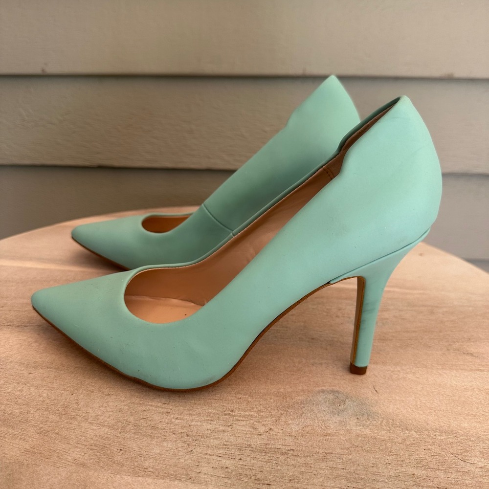 Aldo Mint Green Leather Pointed Toe Stiletto Pumps Scalloped Heel Womens 8 38.5 - Picture 6 of 13